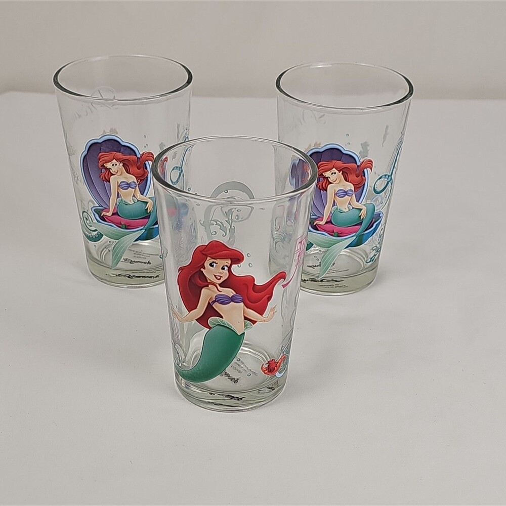 Disney Little Mermaid Ariel Drinking Glasses Set of 3 Sebastian Shell Designs
